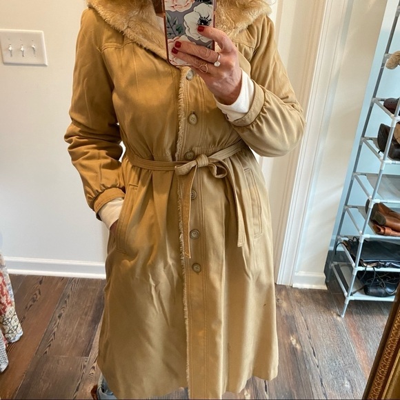 Vintage tan faux fur trim button up cinched waist Hooded coat Cotton - Picture 3 of 8